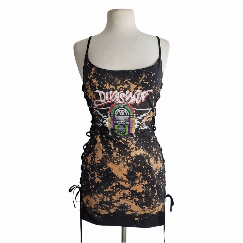 Dark Gray Bleach Splatter Lace-Up Mini Dress Y2K Grunge Jukebox Large